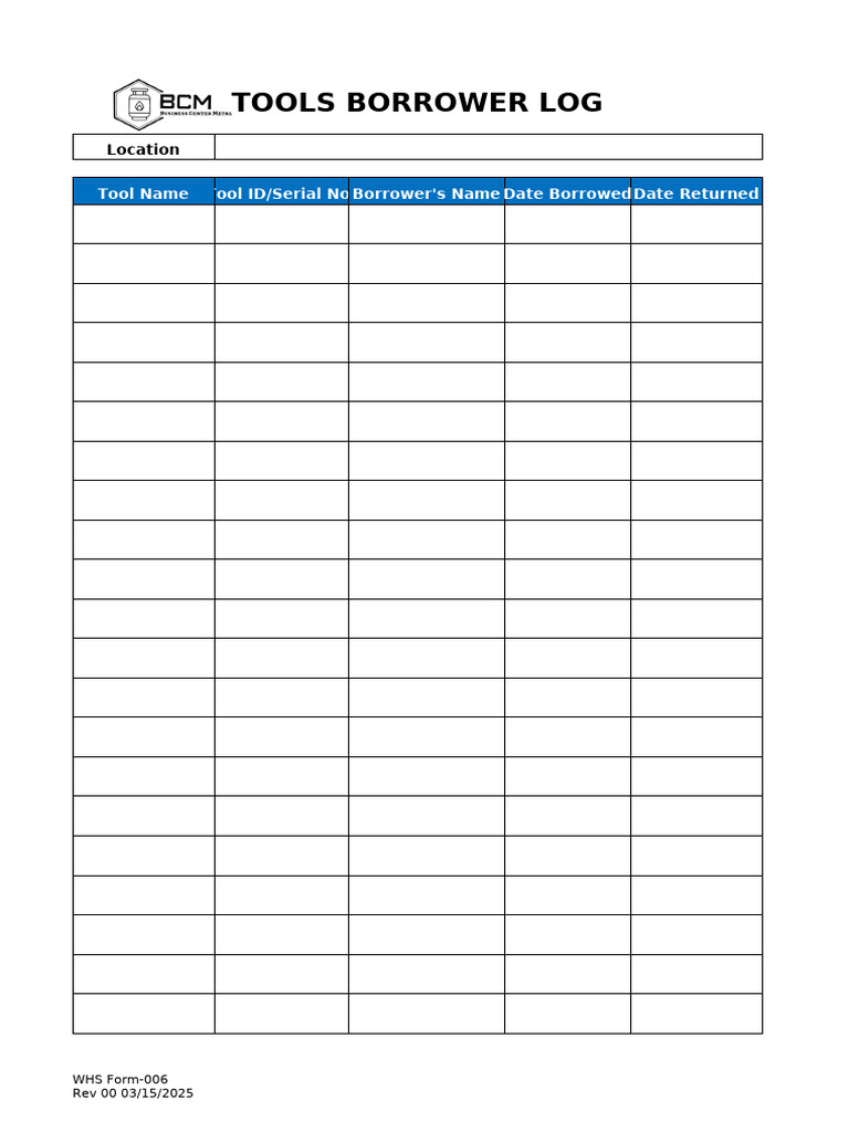 WHS Form-006 - Tools Borrower | PDF