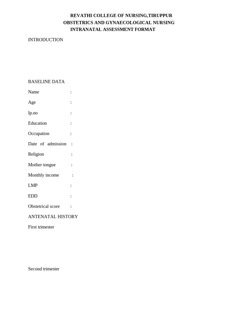 Intranatal Assessment Format Guide | PDF | Pregnancy | Childbirth