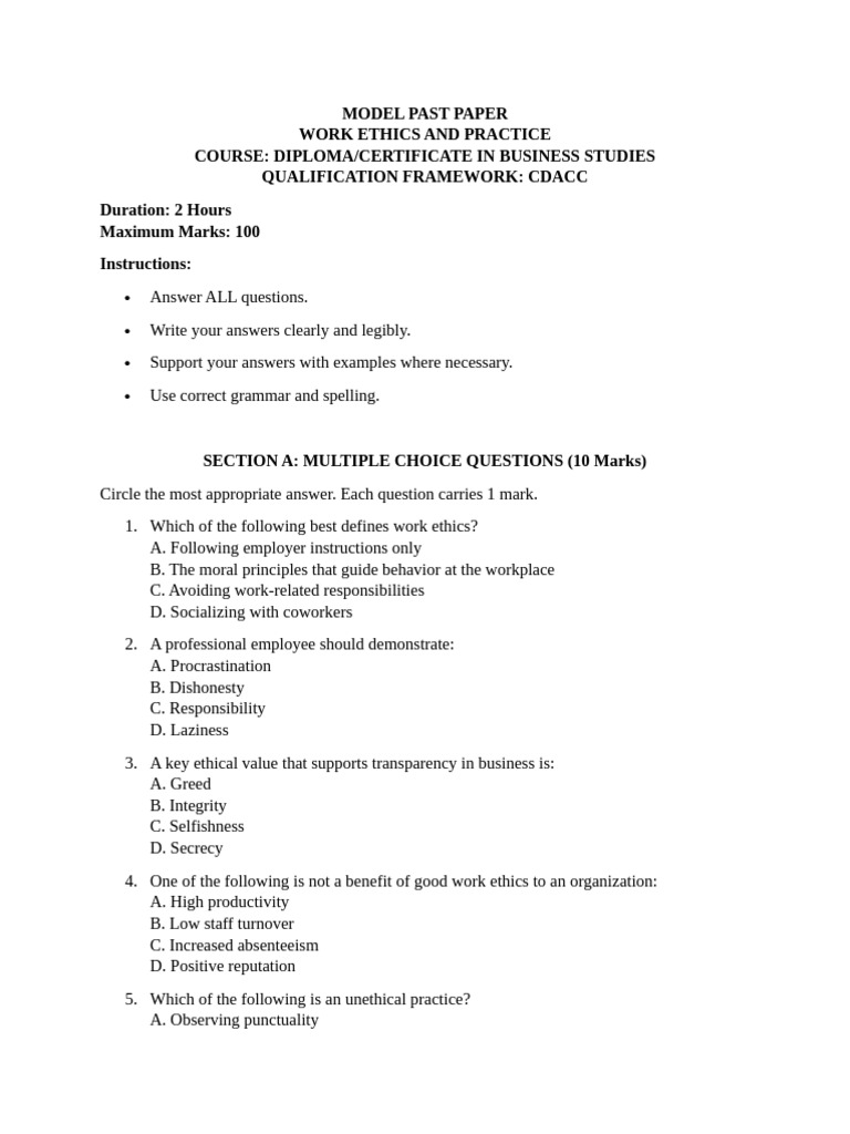 Work Ethics Past Paper for CDACC Level 5 | PDF | Integrity | Social ...