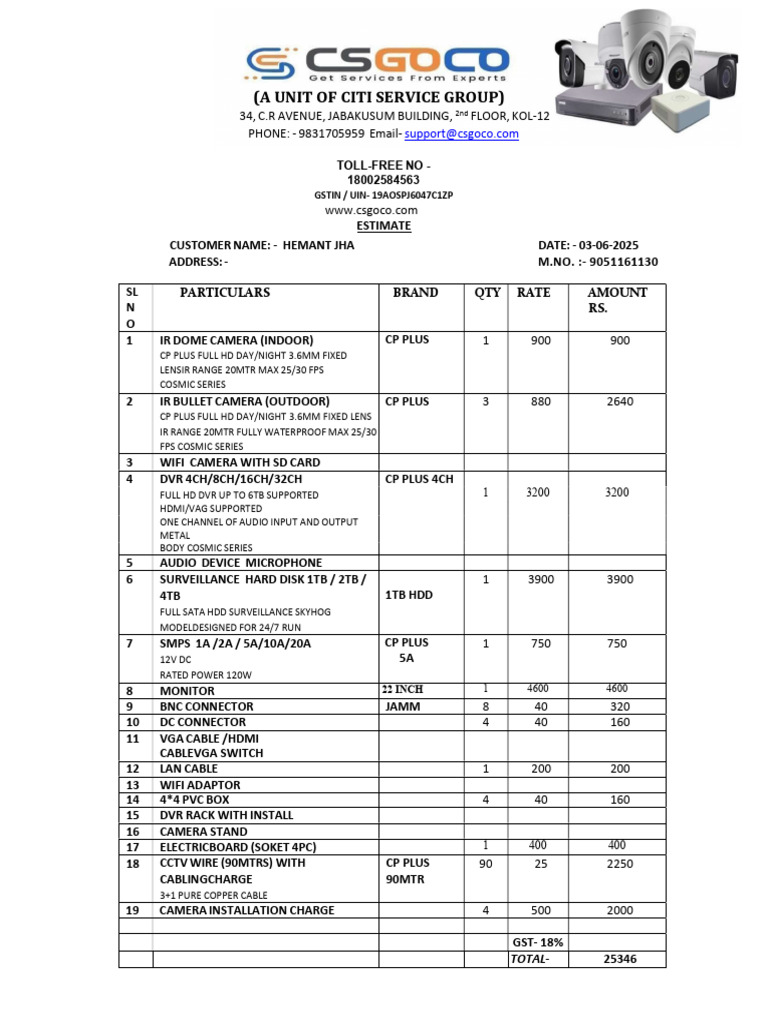 CCTV Camera Quotation Estimate | PDF | Hdmi | Digital Video Recorder
