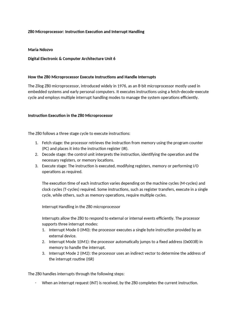 Z80 Microprocessor: Execution & Interrupts | PDF | Central Processing ...