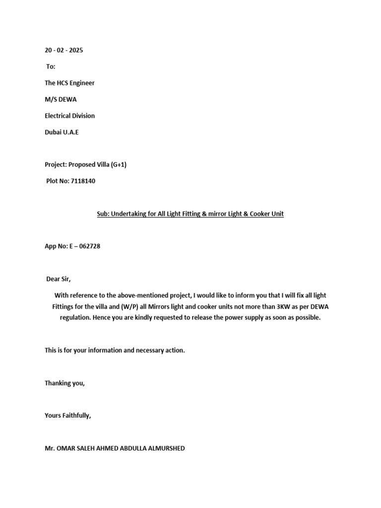 Villa Light Fitting Power Supply Request | PDF