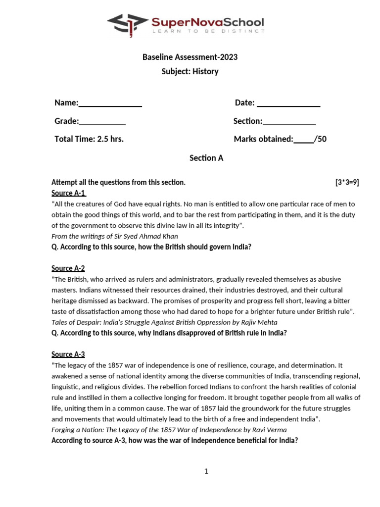 Baseline Assessment 2023 - History VII | PDF