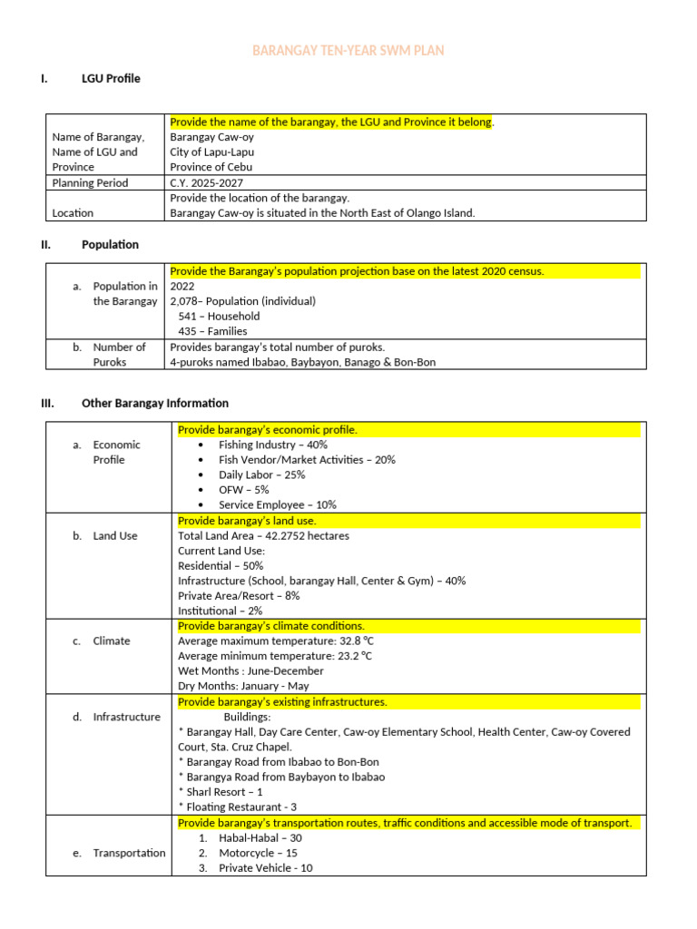 Barangay Caw-oy 10-Year SWM Plan | PDF | Waste Management | Waste
