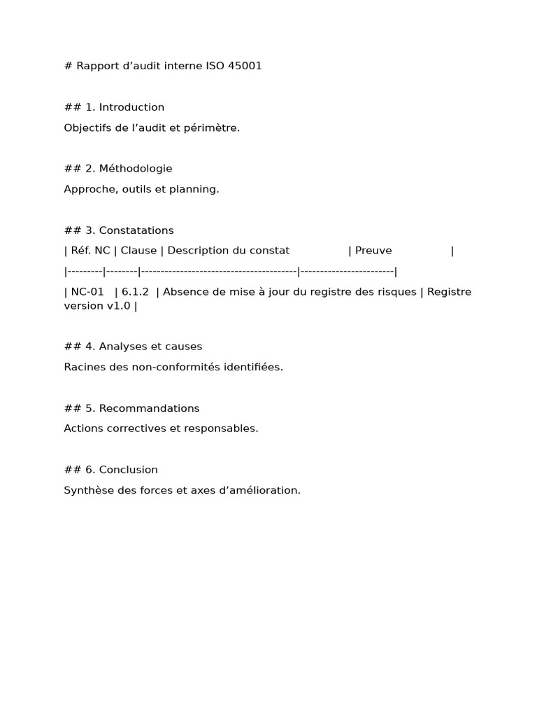 Rapport d'Audit Interne ISO 45001 | PDF