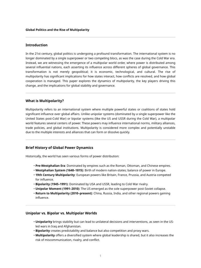 Global Politics Multipolarity | PDF | Polarity (International Relations ...