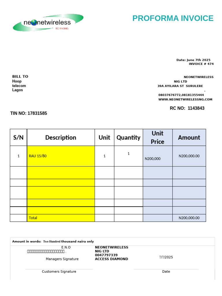 Proforma Invoice for NEONETWIRELESS | PDF