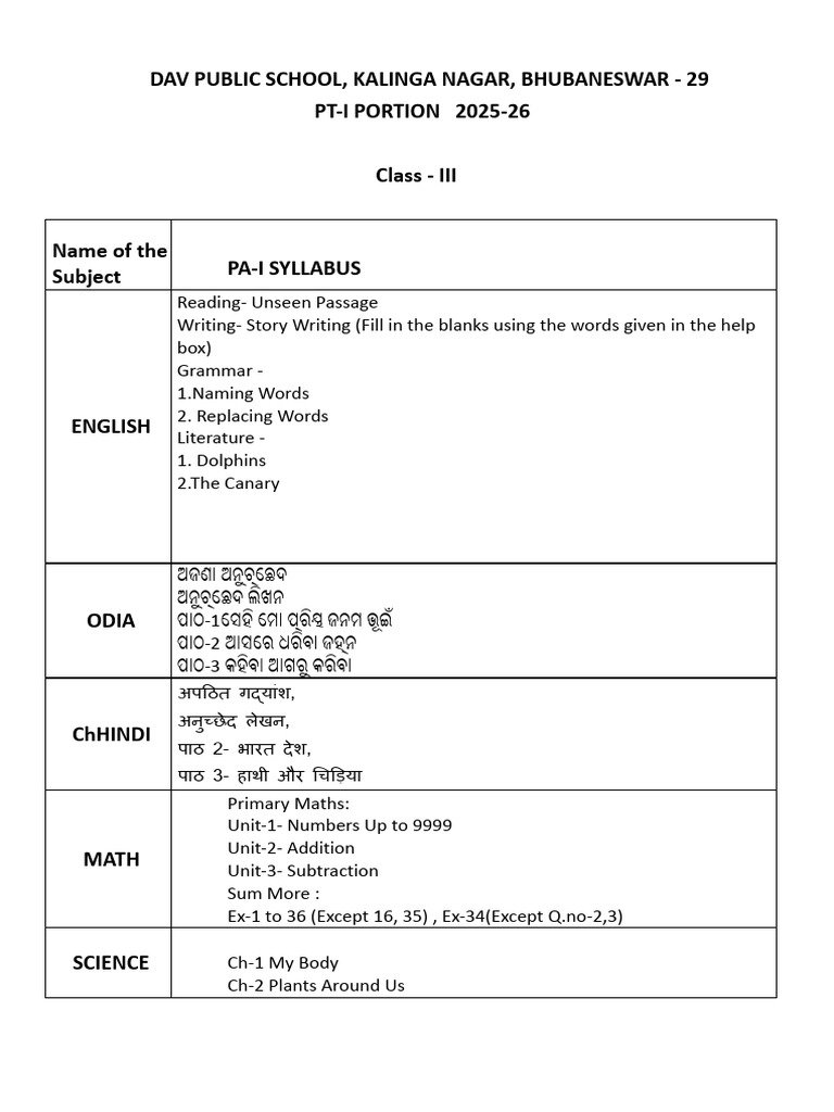 DAV Class 3 Syllabus 2025-26 | PDF