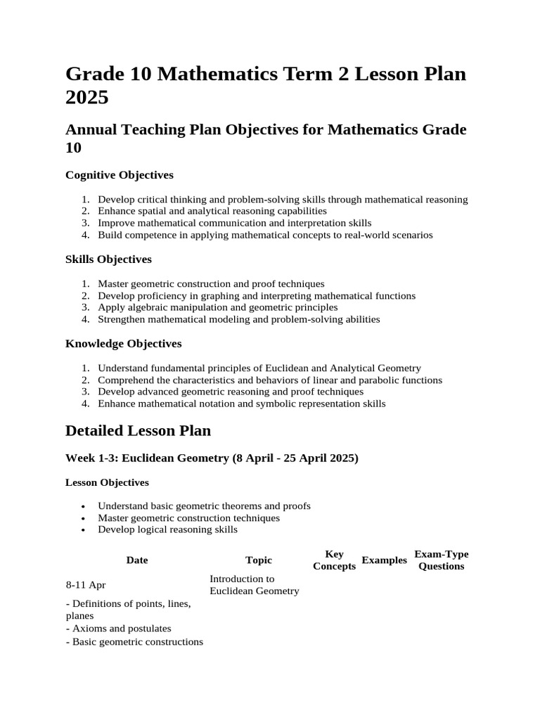 Grade 10 Term 2 Math Lesson Plan | PDF | Geometry | Line (Geometry)