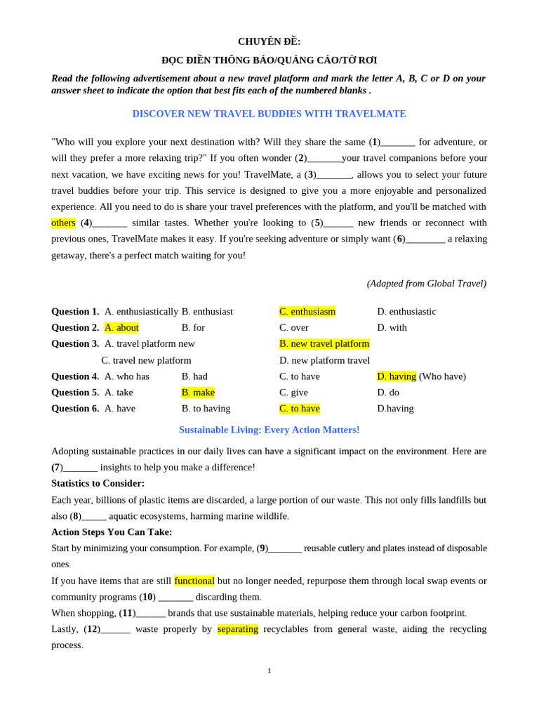 CHUYÊN ĐỀ 1 (Cloze Test) | PDF | Waste | I Phone