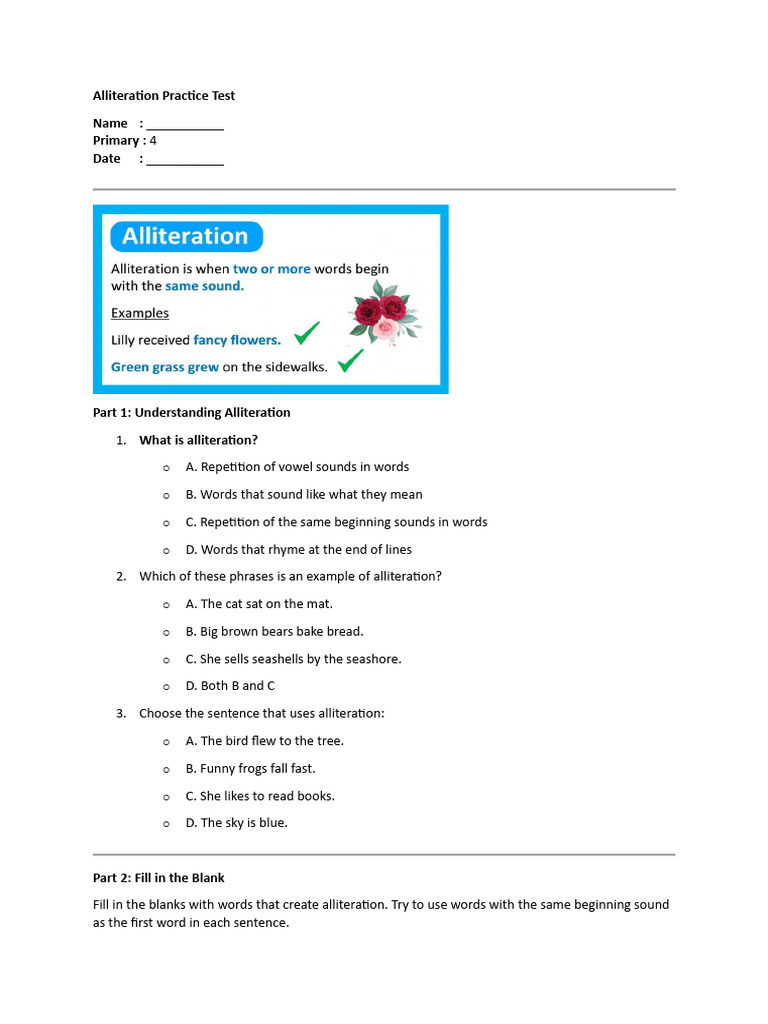 Alliteration Practice for Primary 4 | PDF
