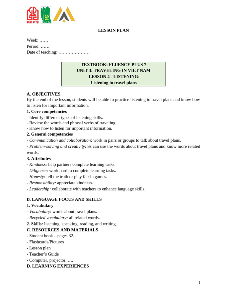 Fluency Plus 7 - Unit 3 - Lesson 4 | PDF | Verb | Lesson Plan