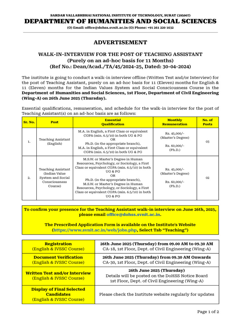 TA Walk-In Interview Advertisment (DoHSS) | PDF | Academia | Higher ...