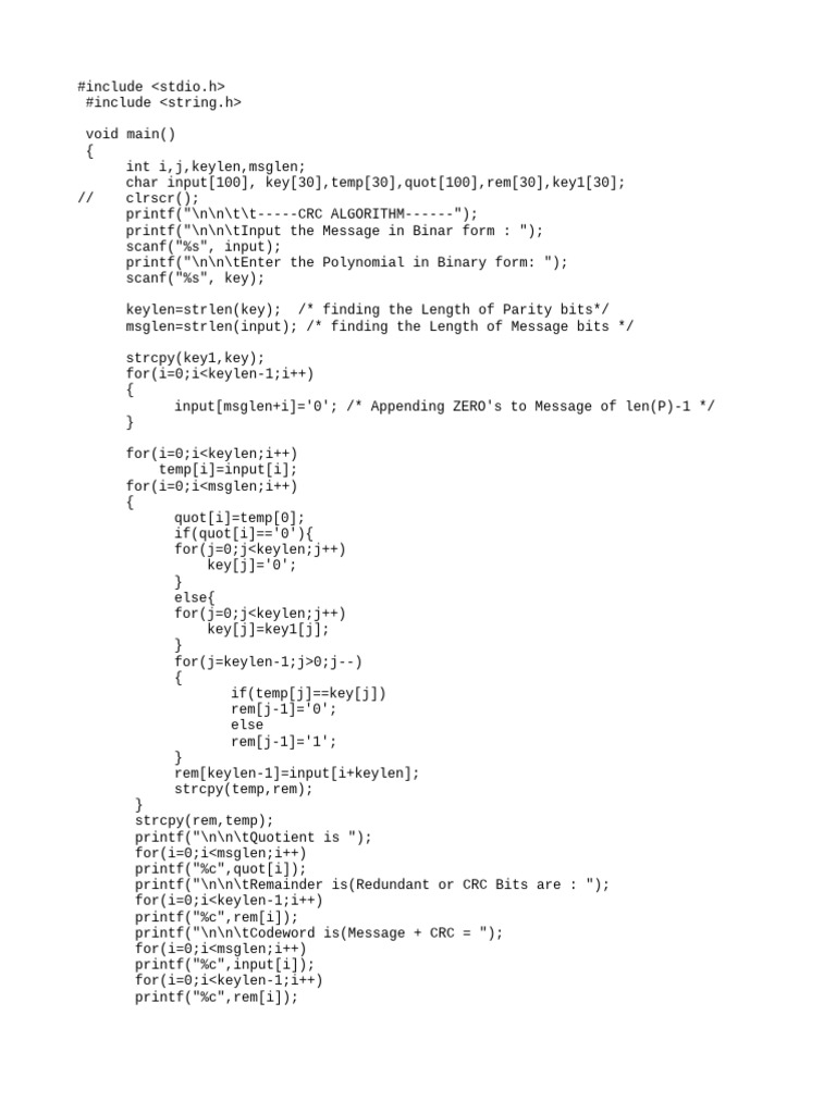 CRC Algorithm Implementation in C | PDF