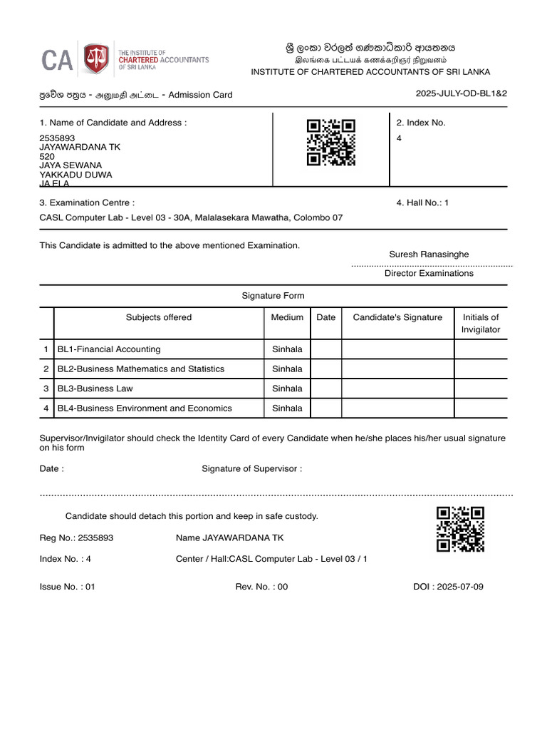 Admission Card for ICASL Exam 2025 | PDF