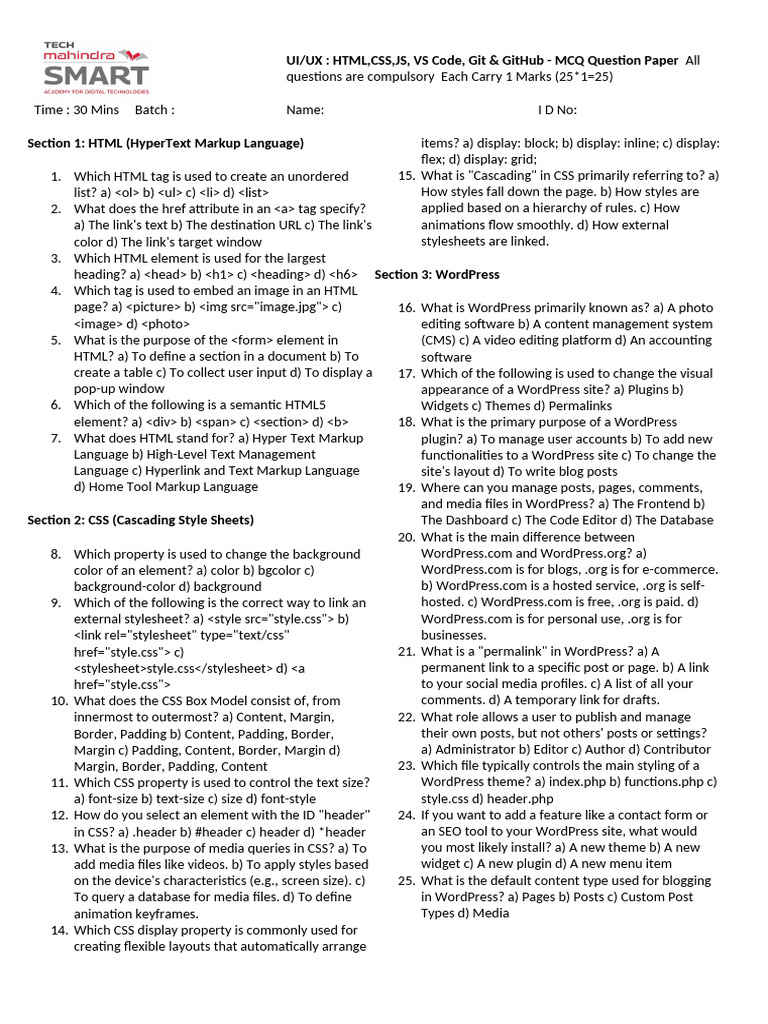 WordPress MCQ Exam Paper | PDF | Html | Html Element