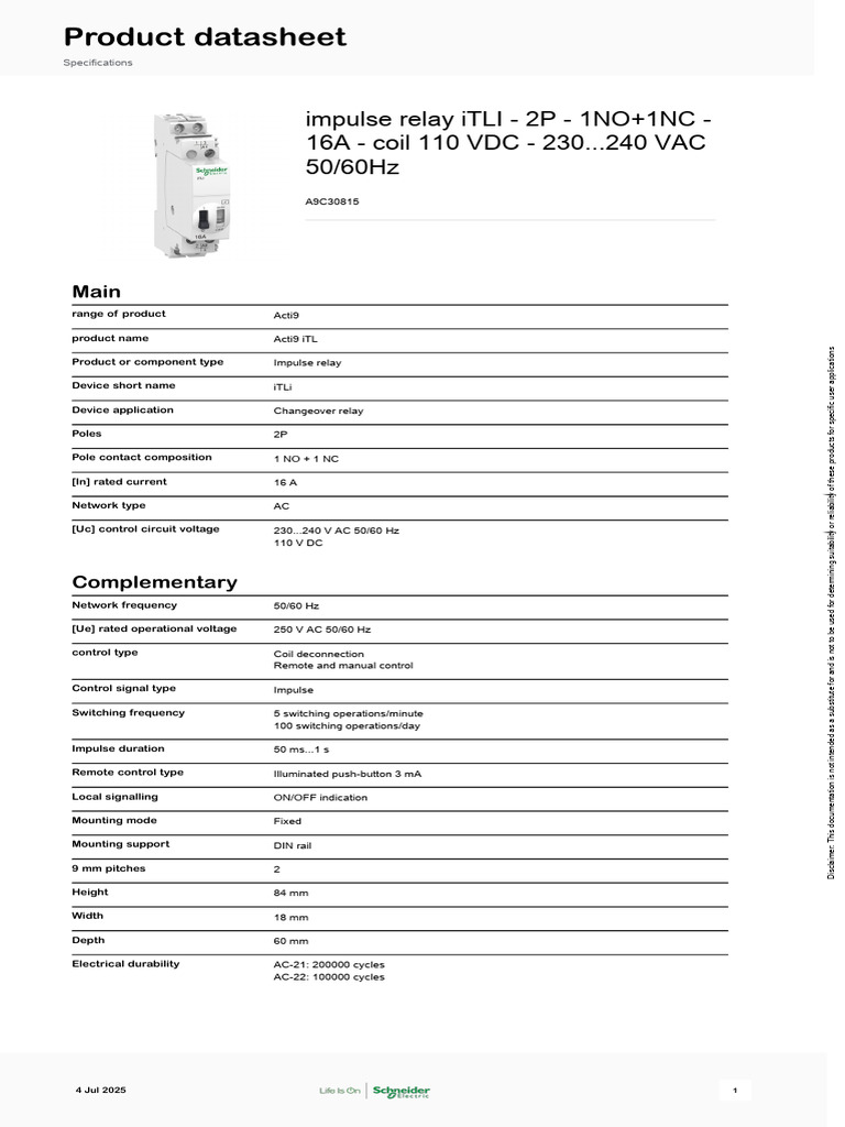Acti9 iTL Impulse Relay A9C30815 | PDF | Relay | Alternating Current