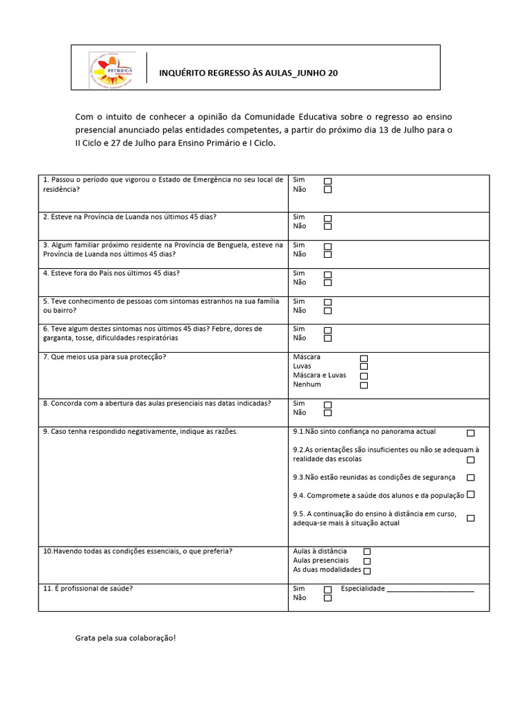 Inquérito sobre Regresso às Aulas Presenciais | PDF