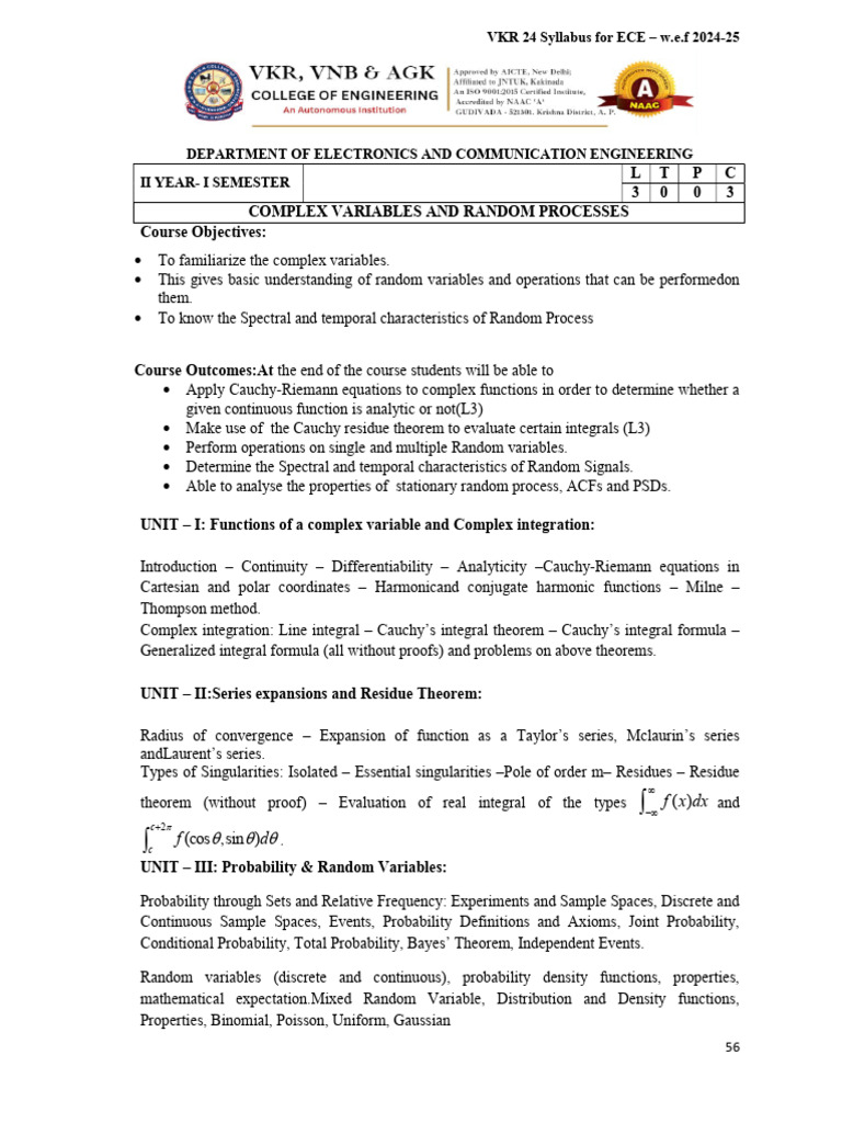 ECE Complex Variables & Random Processes Syllabus | PDF | Spectral ...