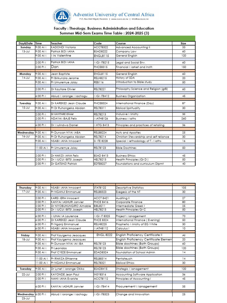 2024-2025 Summer Exam Timetable | PDF