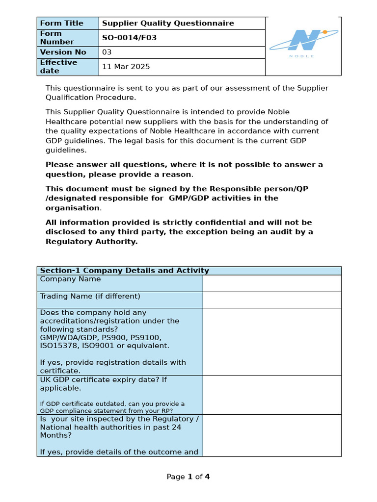 Supplier Quality Questionnaire Form | PDF | Quality Management System ...