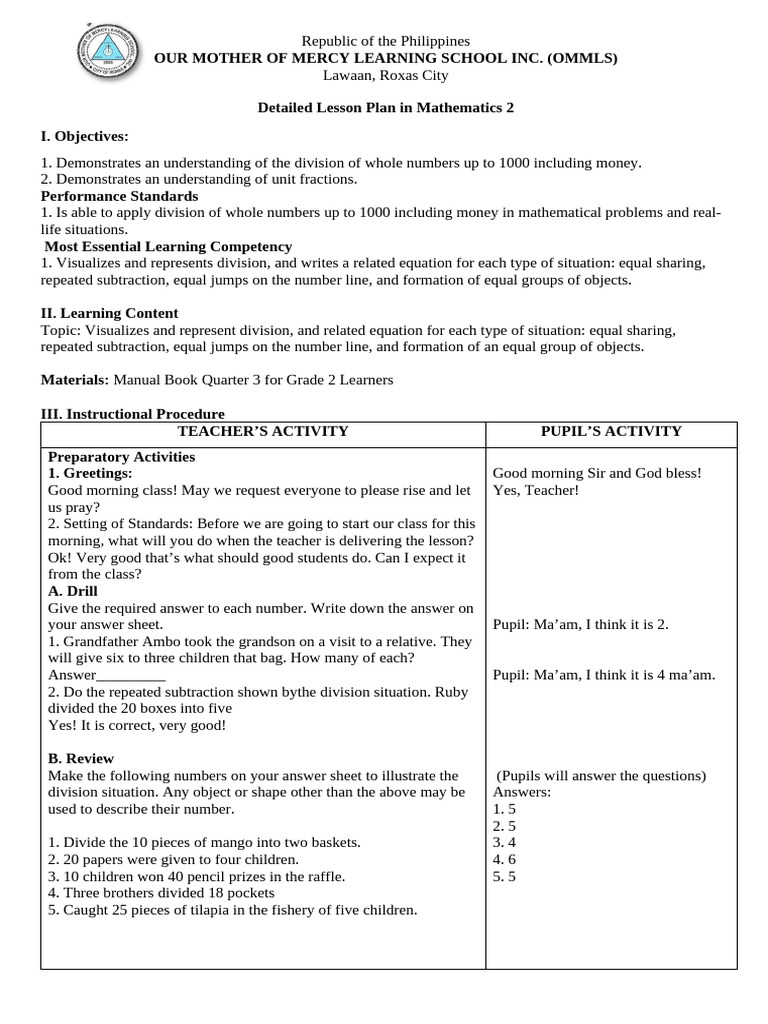 Detailed Lesson Plan in Mathematics 2 | PDF | Lesson Plan