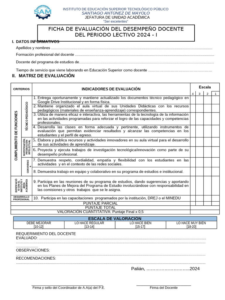 Ficha de Evaluación Docente 2024 | PDF | Maestros | Evaluación