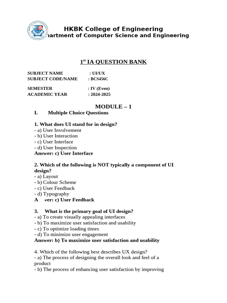 UI/UX Question Bank for BCS456C | PDF | Usability | User Experience
