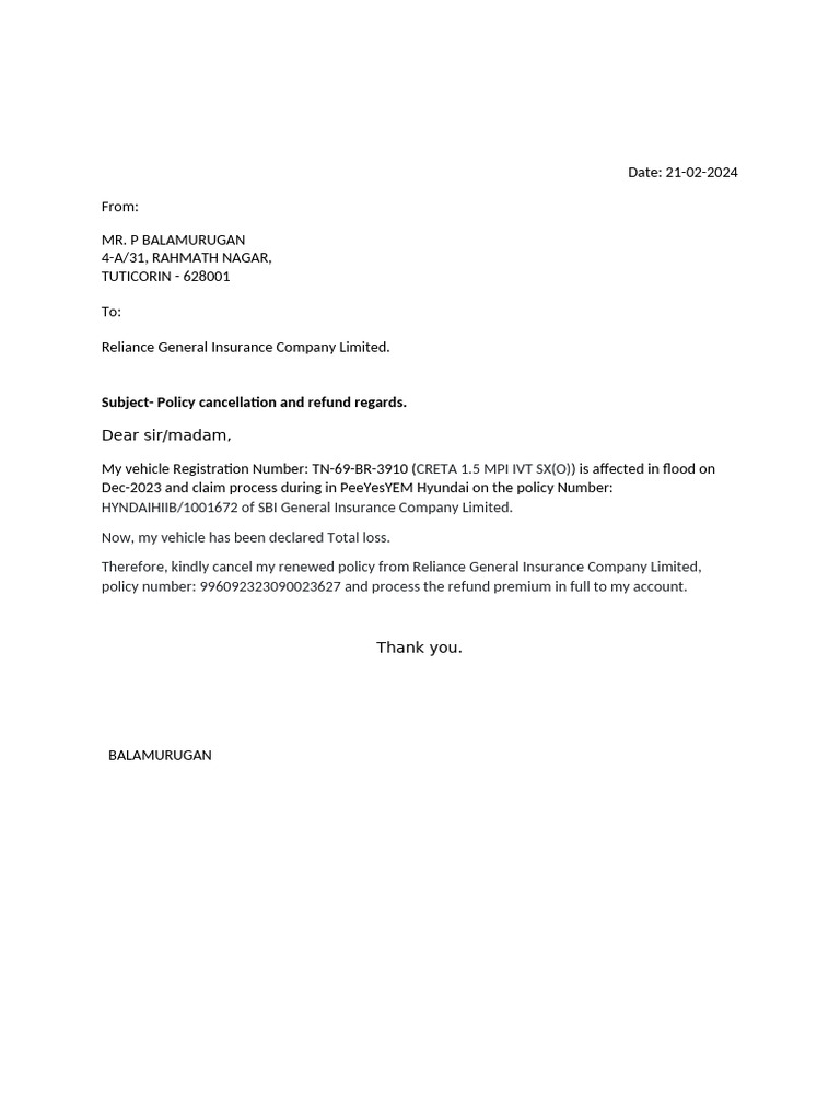 Total Loss Vehicle Policy Cancellation Request | PDF