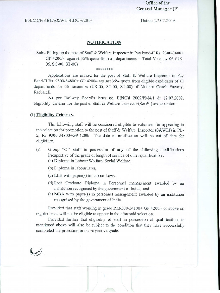 Staff &welfare Inspector Notification 1 | PDF