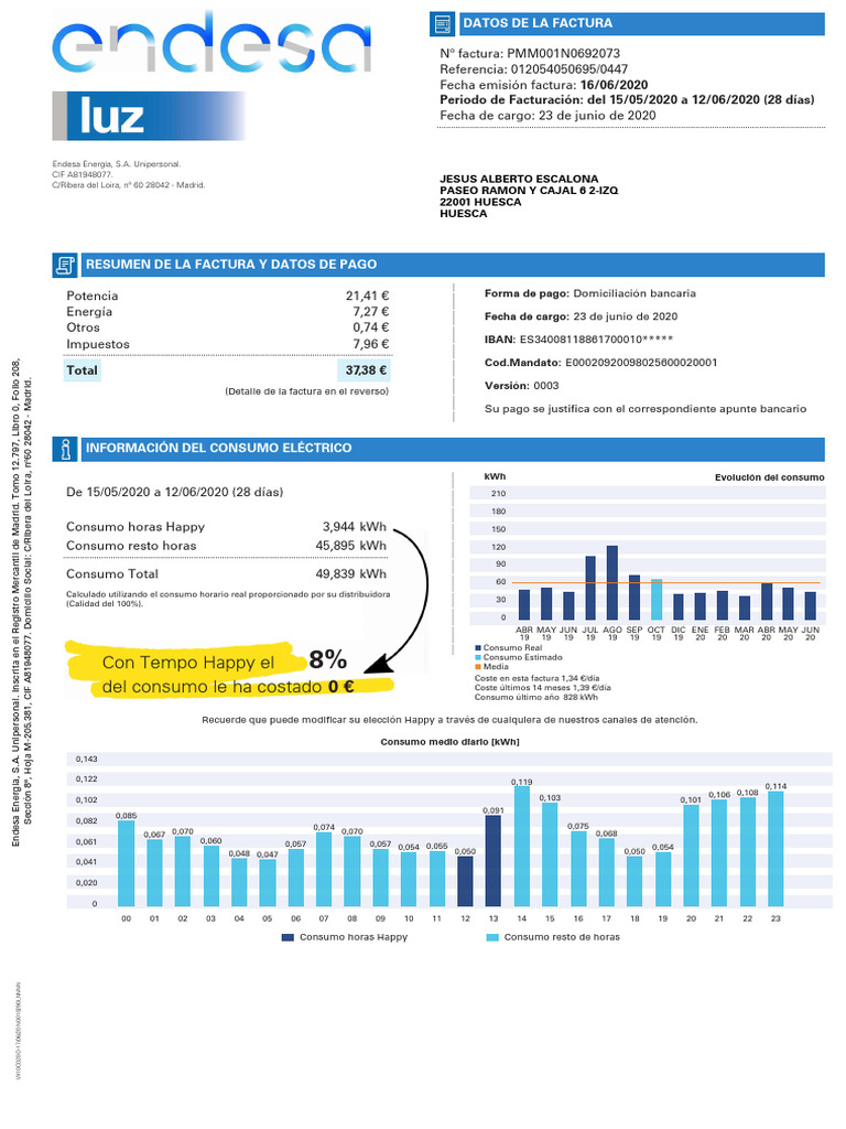 Factura de Electricidad Endesa Junio 2020 | PDF | Electricidad