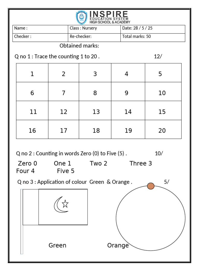 Nursery Class Maths Question Paper | PDF