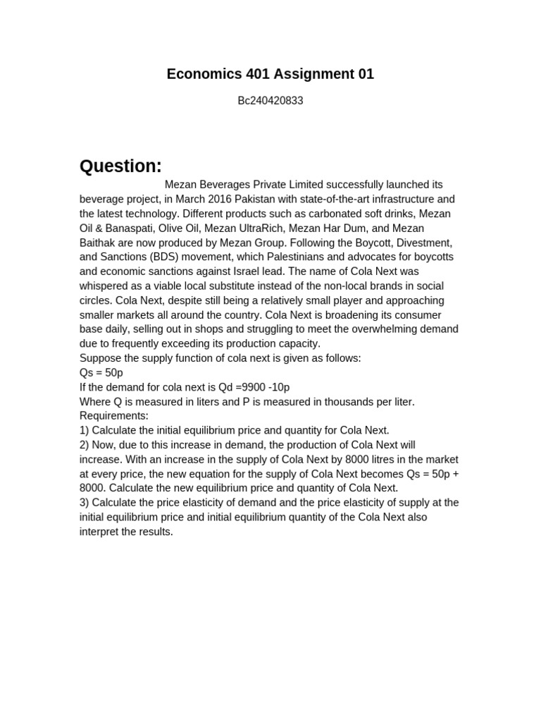 Economics 401 Assignment 01 | PDF | Demand | Elasticity (Economics)