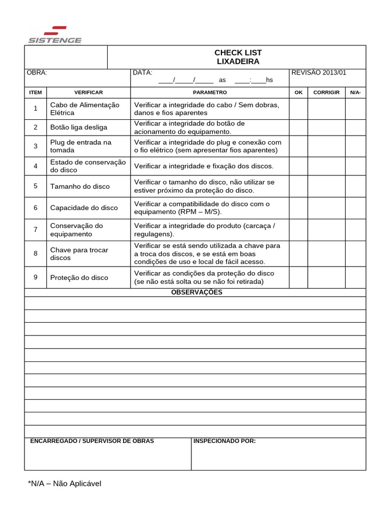 Check List Lixadeira | PDF