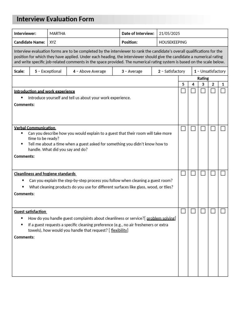 Housekeeping Interview Evaluation Form | PDF