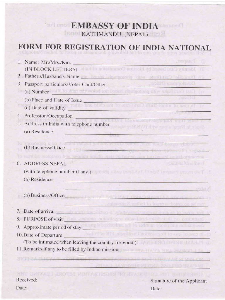 Form For Registration As Indian National | PDF