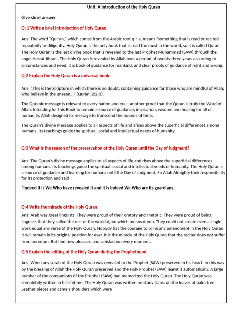 Short QA 9TH UNIT A-D | PDF | Prophets And Messengers In Islam | God In ...