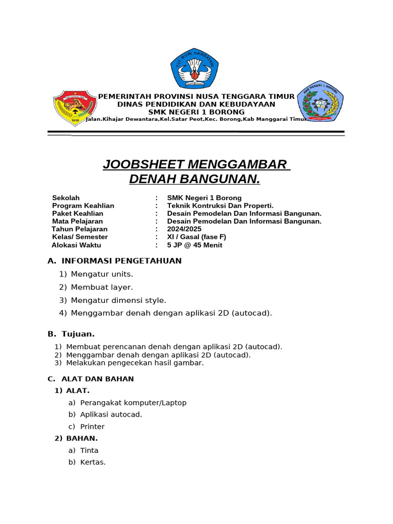 Jobsheet Menggambar Denah Autocad SMK | PDF
