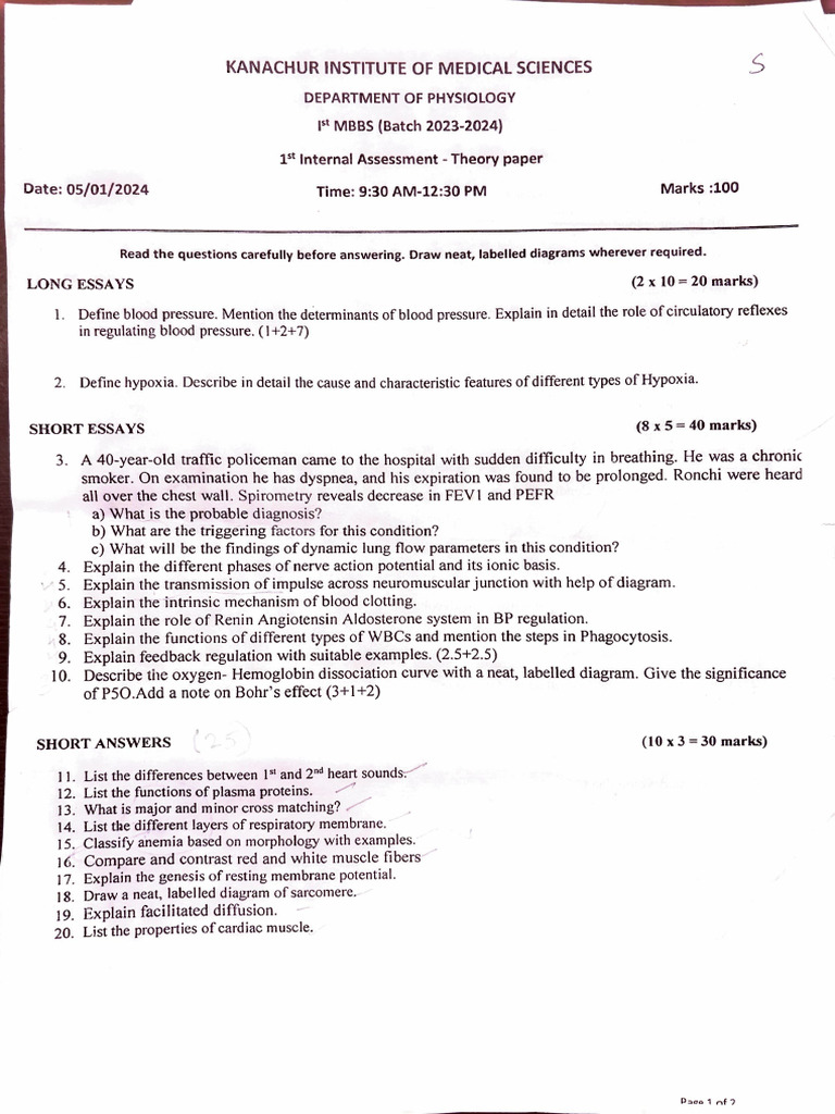MBBS Physiology Internal Assessment 2024 | PDF | Medical Specialties ...
