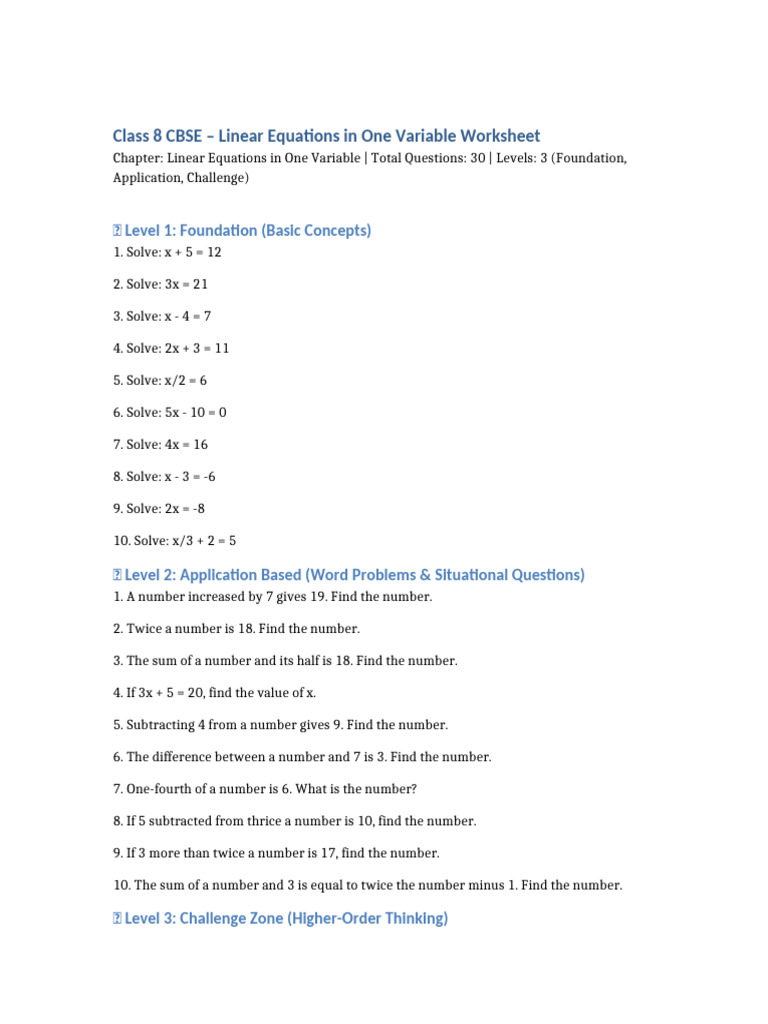 Class 8 Linear Equations Worksheet | PDF