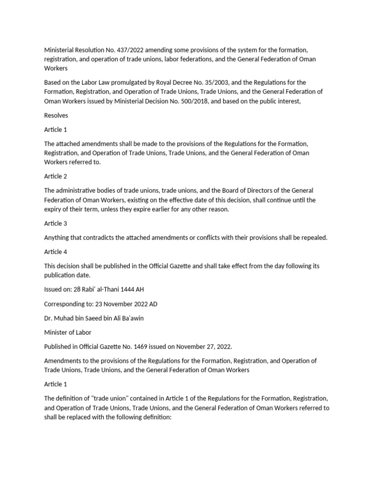 Ministerial Resolution No 437 of 2022 Amending Some Provisions of The ...