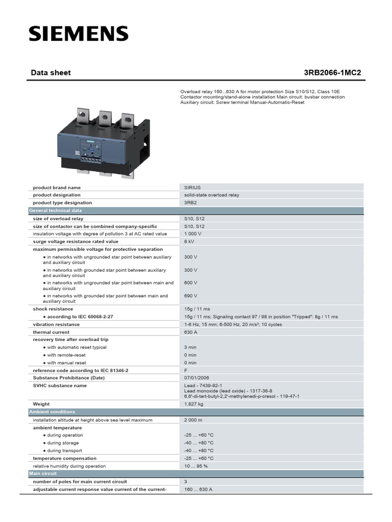 3RB2066-1MC2 Overload Relay Data Sheet | PDF | Relay | Alternating Current