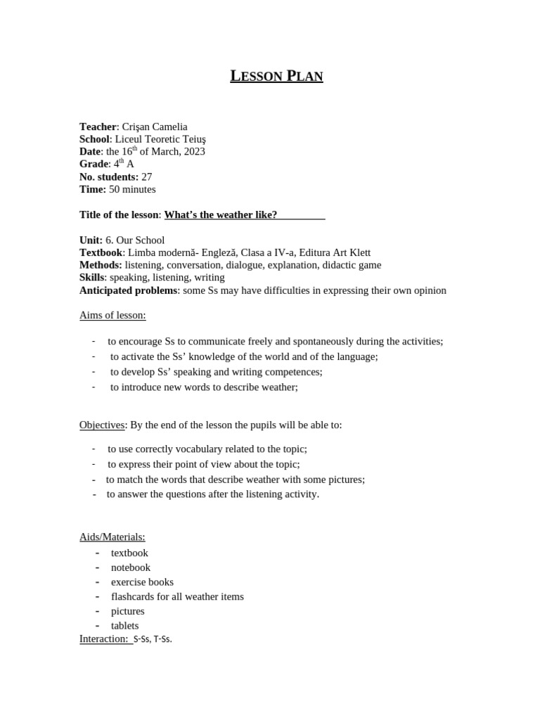 0 - 8 - Lesson - Plan - Inspectie Vreme | PDF | Vocabulary | Fahrenheit