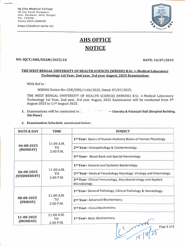 August 2025 Exam Schedule for B.Sc. Students | PDF | Medical School ...