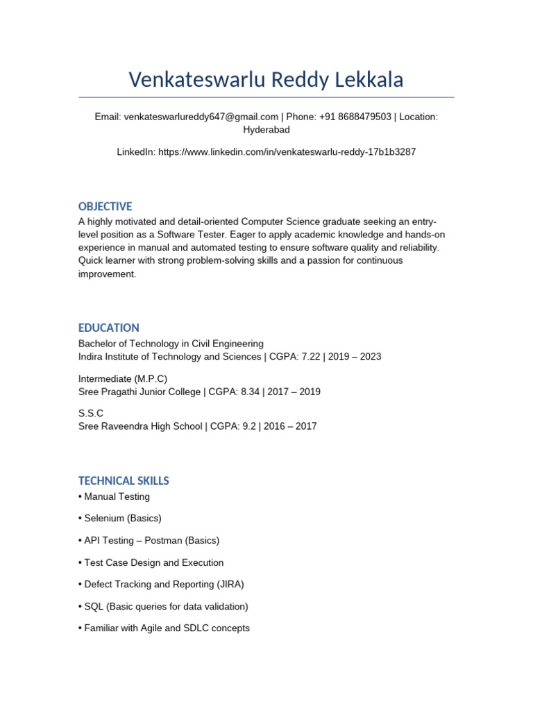 Entry-Level Software Tester Resume | PDF