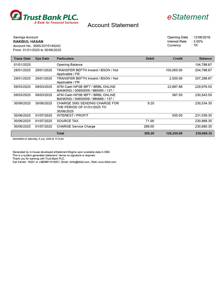 Trust Bank Savings Account eStatement | PDF | Banks | Private Sector