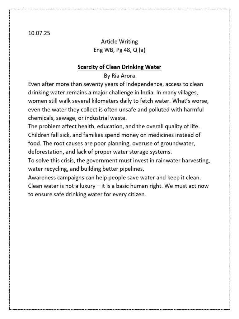 Article Writing Scarcity of Clean Drinking Water | PDF