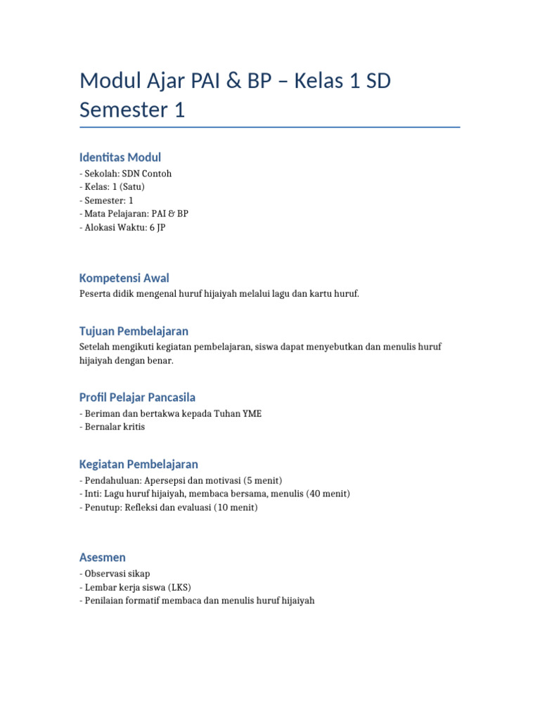 Modul PAI & BP Kelas 1 SD Semester 1 | PDF