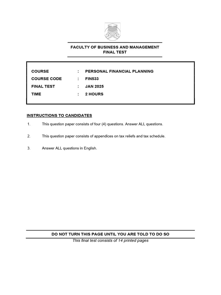 FIN533 Final Test January 2025 | PDF | Cost Of Living | Taxes