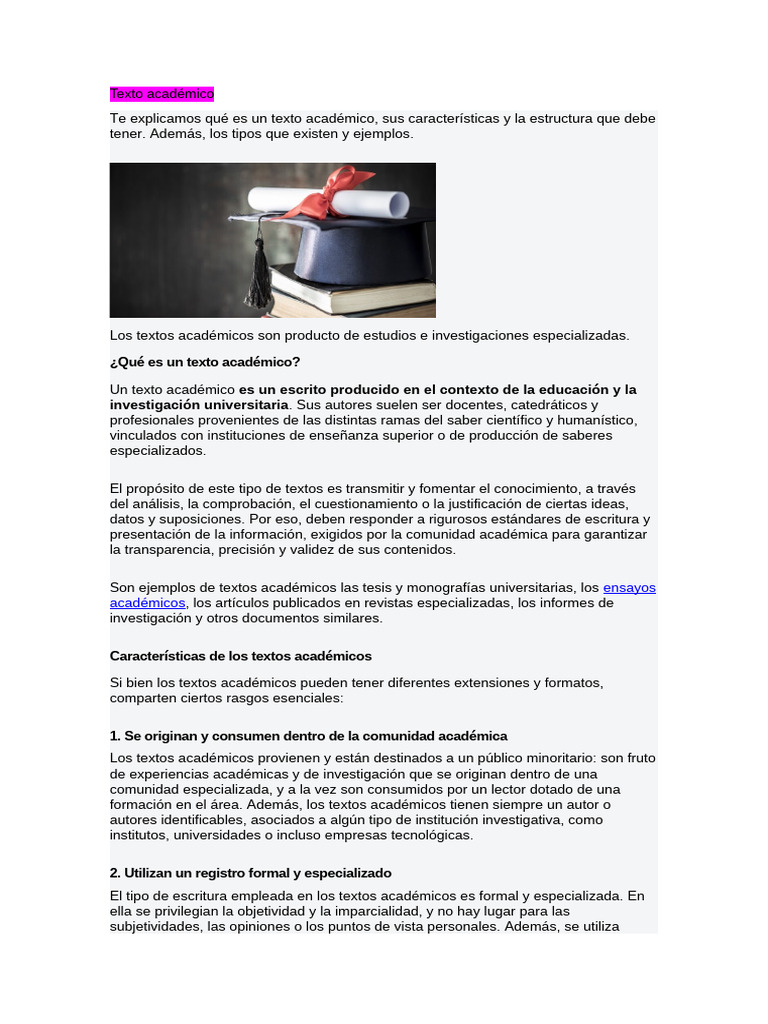 Características y tipos de textos académicos | PDF | Publicación Académica